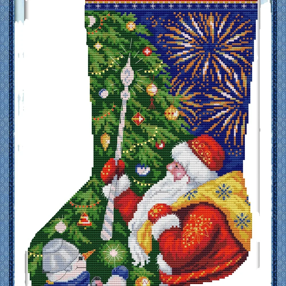 Joy Sunday Pre-printed Cross Stitch Kit  Easy Pattern Aida  Stamped Fabric Embroidery Set-Christmas Stocking-Santa Claus (1)