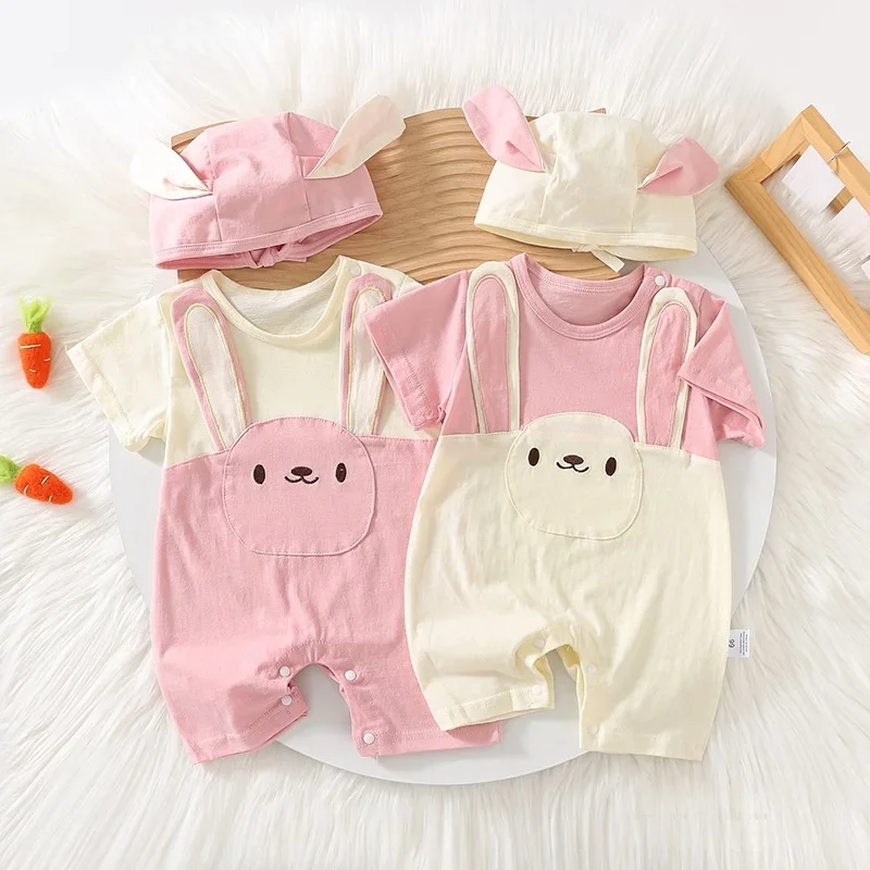 

2025 Summer Cute & Adorable Baby Newborn Items Lightweight Comfortable Rabbit Design Crawling Outfit Set with Matching Hat
