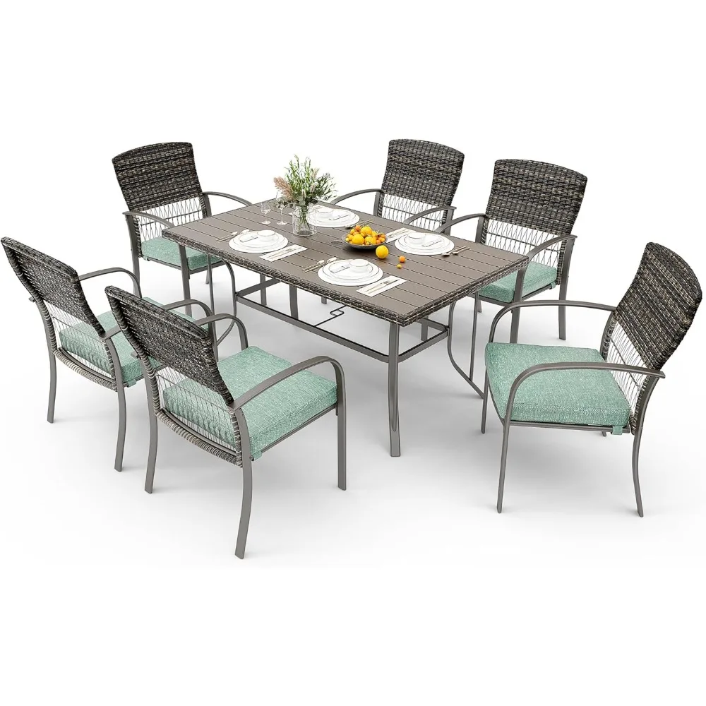 

Garden Furniture Set, Outdoor Wicker Furniture Set for Backyard Garden Deck Poolside/Iron Slats Table Top, Removable Cushion