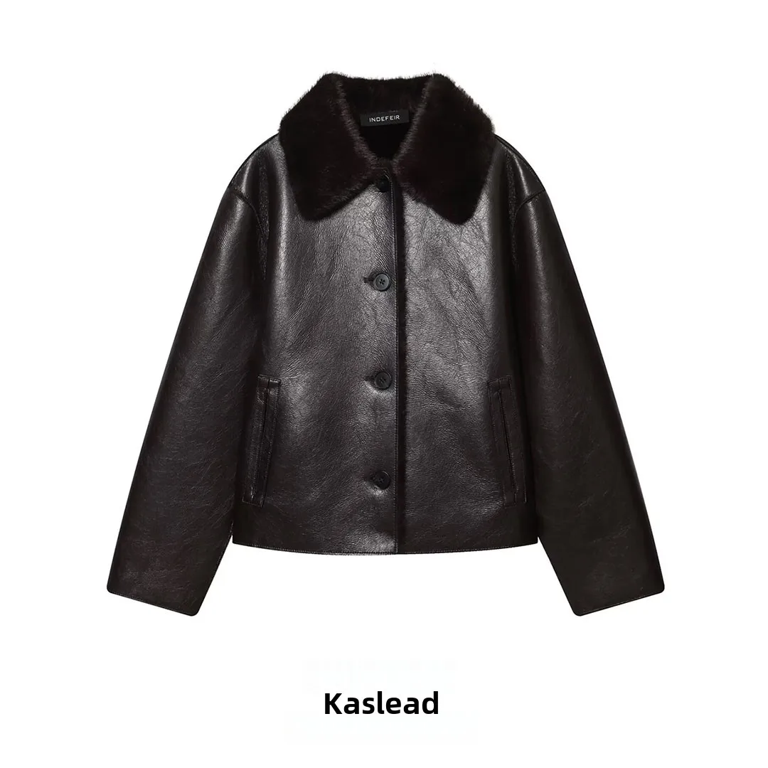 KASLEAD 신상 여성용 양면 인조 가죽 재킷 방풍 리버시블 아우터웨어 긴 소매 버튼 클로저 폴리에스터