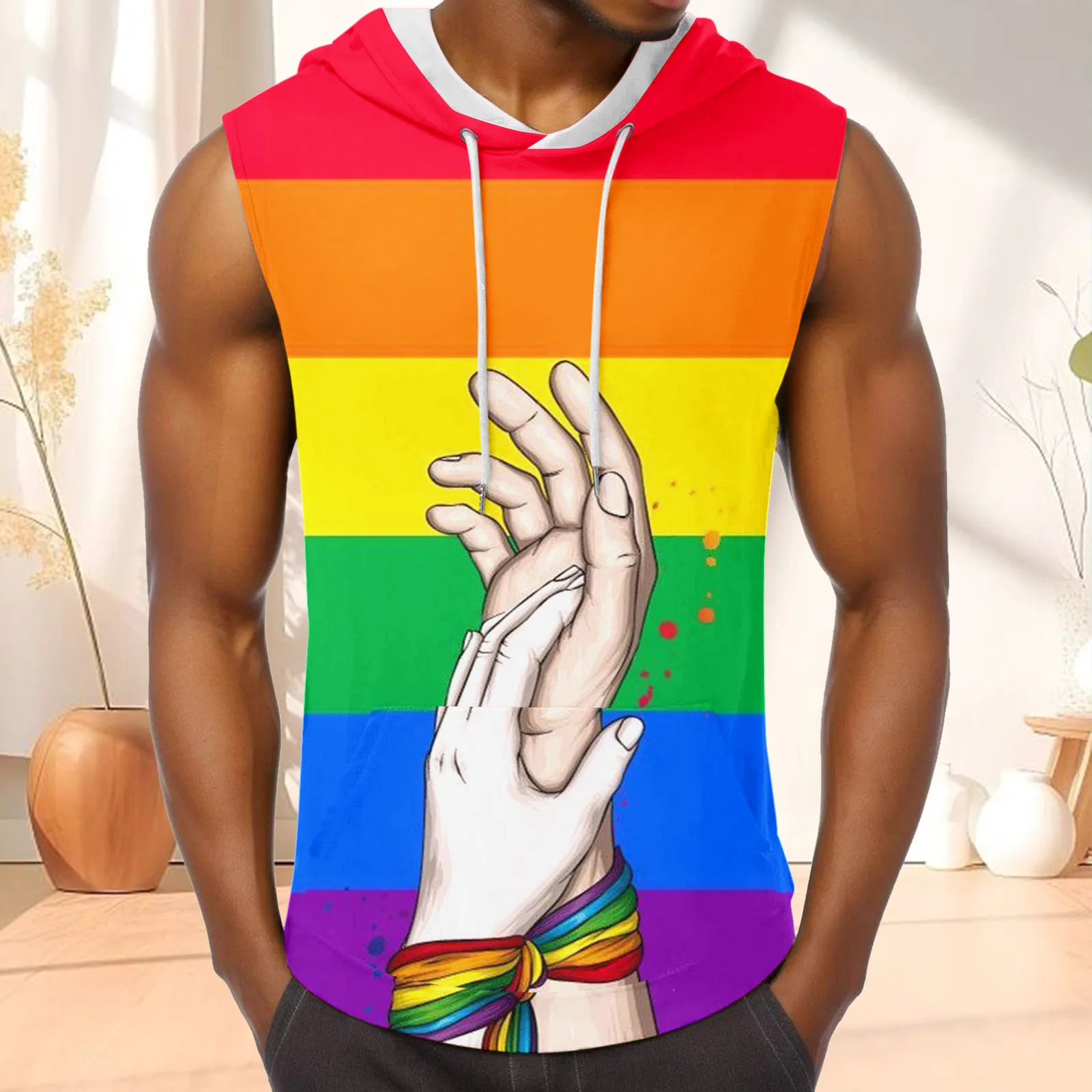 

2025 New Rainbow Hooded Men's Tank Tops Breathable Sexy V-neck Vests Men Streetwear Tops Tee Sports Fitness Tank Top Man