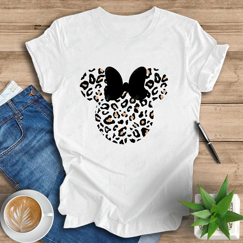 Leopard print Minnie and Mickey T-shirt Kingdom Animal Koszulki damskie Disney Koszulki z nadrukiem Minnie Dziewczyny i przyjaciele Śliczne topy