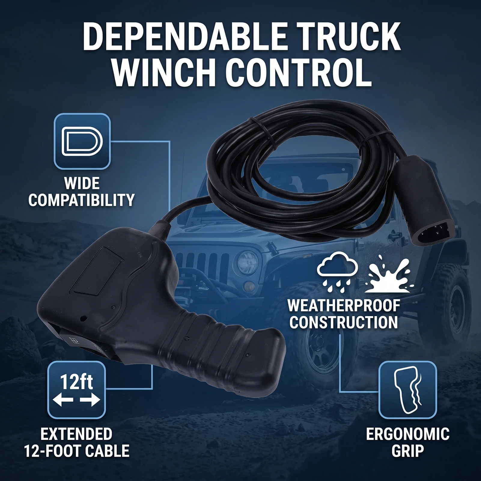 Plug in Truck Winch Remote Controller Handheld 83665 Replacement for WARN M8000 M12000 VR12000 with 12ft D Shape Cable