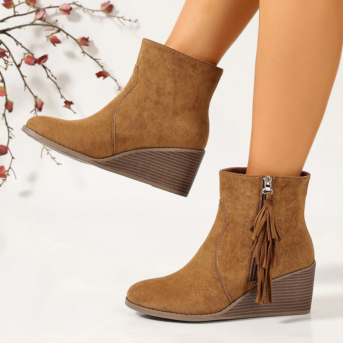 KM-ROYA Luxury Quality NEWLY Women Short Boots Tassel Heel Women's Winter Shoes Non-slip Slope Heel  Female Ankle Boots