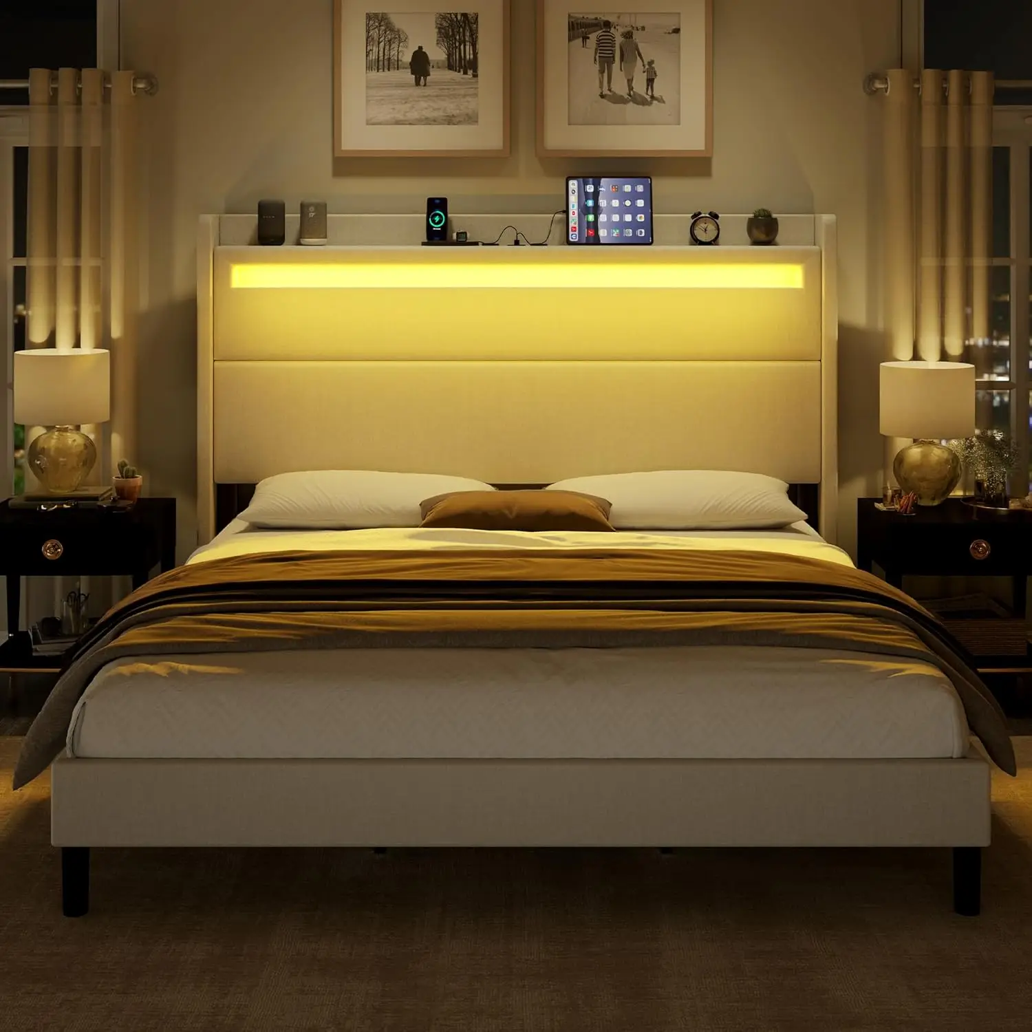 Quadro cama queen com luzes LED e Wingback Headboard, plataforma estofada, USB e USB-C Portas