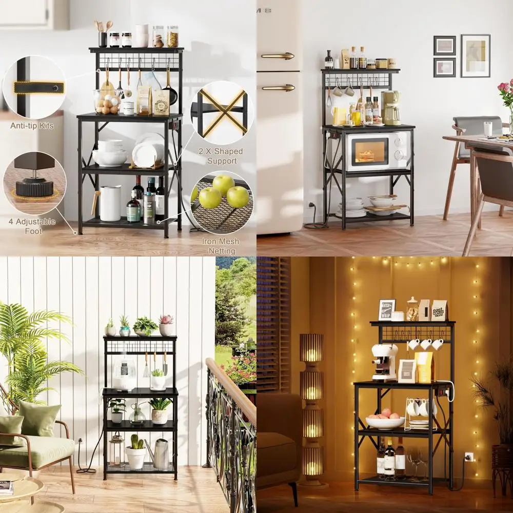 

4-Tier Kitchen Baker's Rack with Power Outlet, Microwave Stand, Storage, Spice Rack, and 6 Hooks in Black
