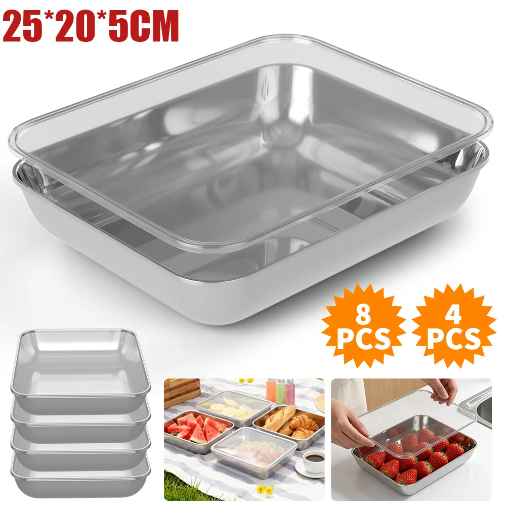 Lot de 4/8 boîtes de conservation alimentaire avec couvercle, assiettes carrées épaissies en acier inoxydable, boîtes fraîcheur pour réfrigérateur, stock UE