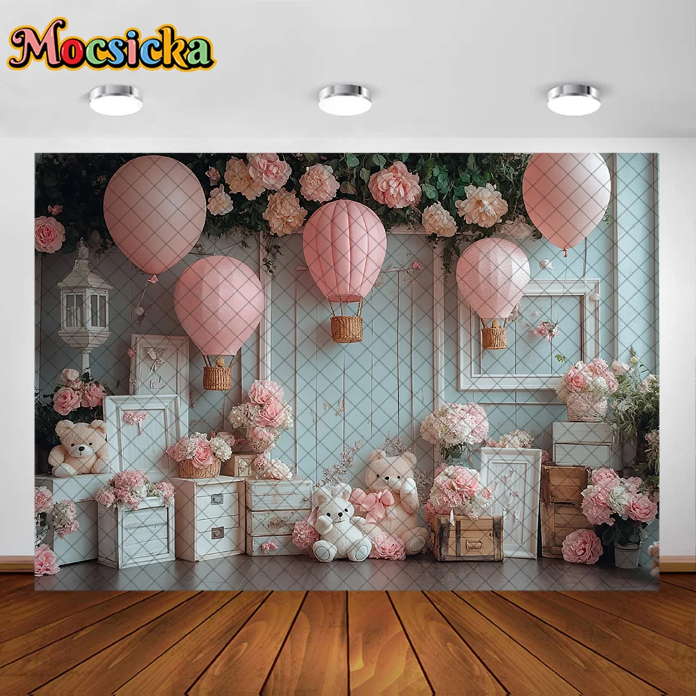 Mocsicka Fotografie Hintergrund Rosa Ballon Zimmer Plüsch Spielzeug Bär Dekoration Hintergrund Baby Dusche Neugeborenen 1. Geburtstag Party Prom