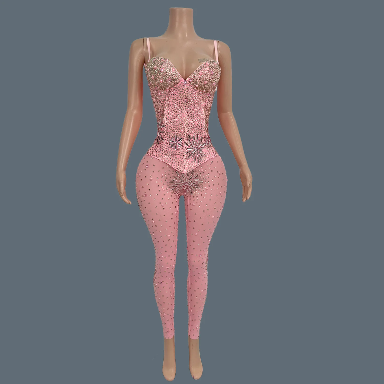 Sparkly Rhinestone Spandex Sleeveless Bodysuit Women Sexy Sheer Mesh Birthday Party Outfit gig Dance Performance Wear Niubujiao