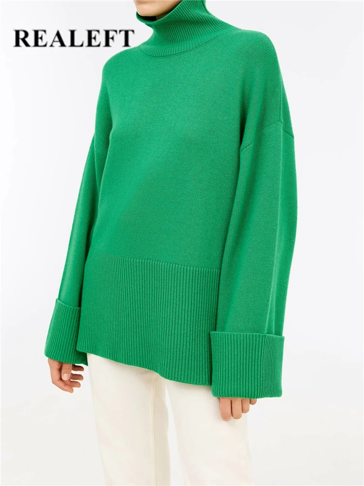 REALEFT Green Loose Women's Turtleneck Sweater Autumn Winter 2022 New Long Flare Sleeve Casual Pullover Elegant Sweater Female