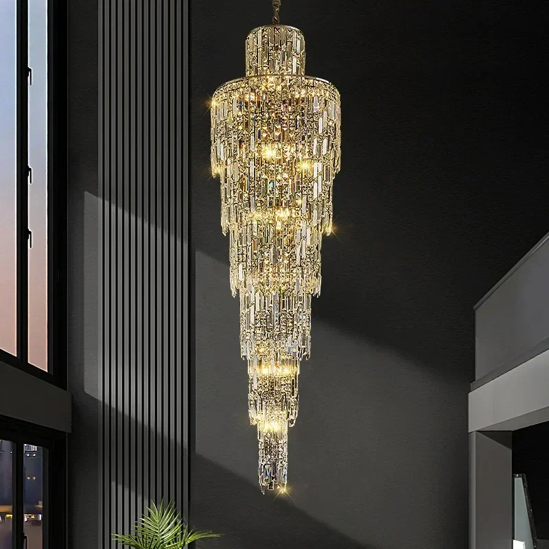 

Modern Villa Living Room Crystal Long Chandeliers Hotel Hall Luxury Led Lights for Duplex Floor Rotating Staircase Decoration