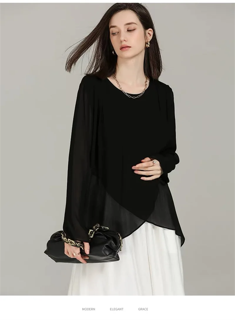 Camisa elegante francesa de manga larga de gasa, blusa ligera transparente y sexy para mujer, tallas grandes 6XL 7XL