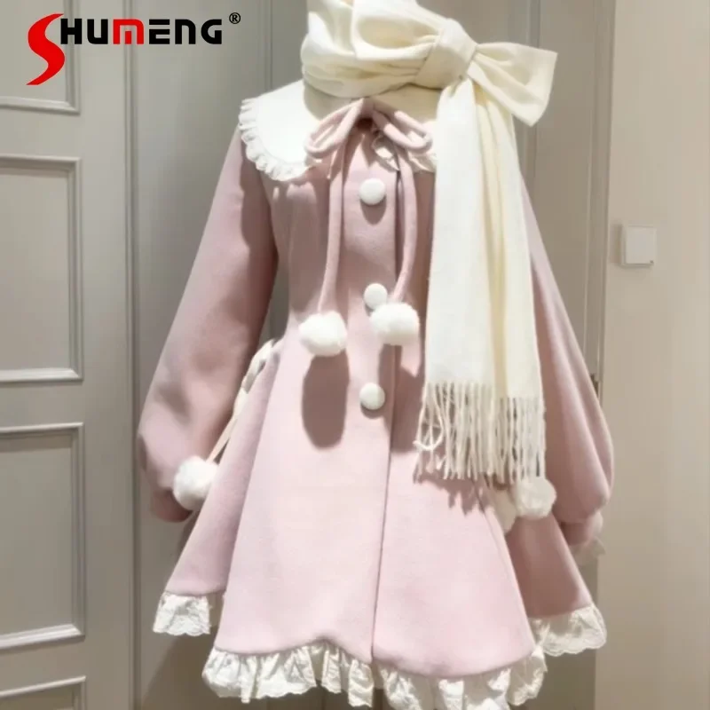 Women's Sweet Jaquetas Autumn And Winter Japanese Rojita Soft Girl Lolita Atmosphere Woolen Jacket Bow Scarf Waist Dress Coat