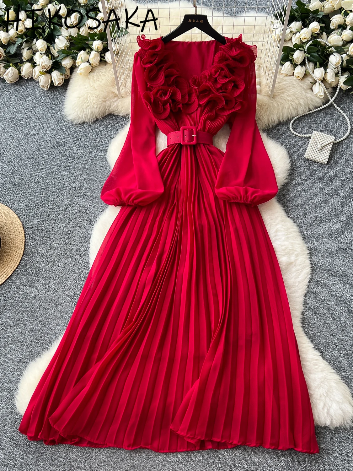 

Retro Three-dimensional Flower Lantern Sleeves Dress French Style Elegant Slim Waist Pleated Robe Solid Simple Elegant Vestido
