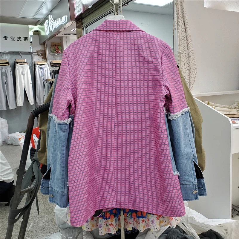 Fashion Pink Blue Plaid Splicing Pocket Denim Blazer Women Mid Long Suit Collar Outewear Female Loose Casual Jeans Suit Jacket