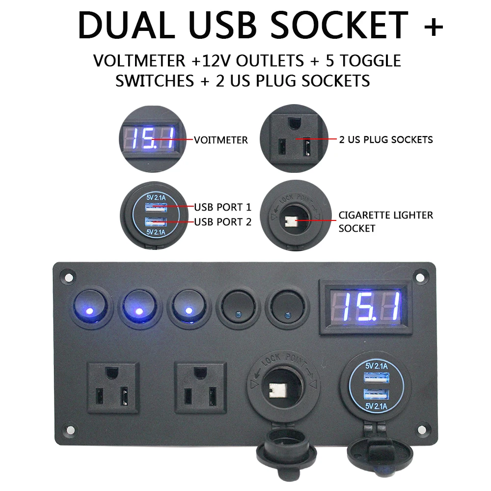 5 Gang Toggle Switch 12V/24V with US Plug Socket LED Digital Voltmeter Car Switch Panel Dual USB Port For Car Marine