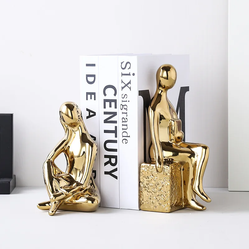 Creative Ceramic Reader Statue Set of 2, Bookend Sculptures for Bookshelf, Library Office Decor, Home Accent, Room Aesthetic