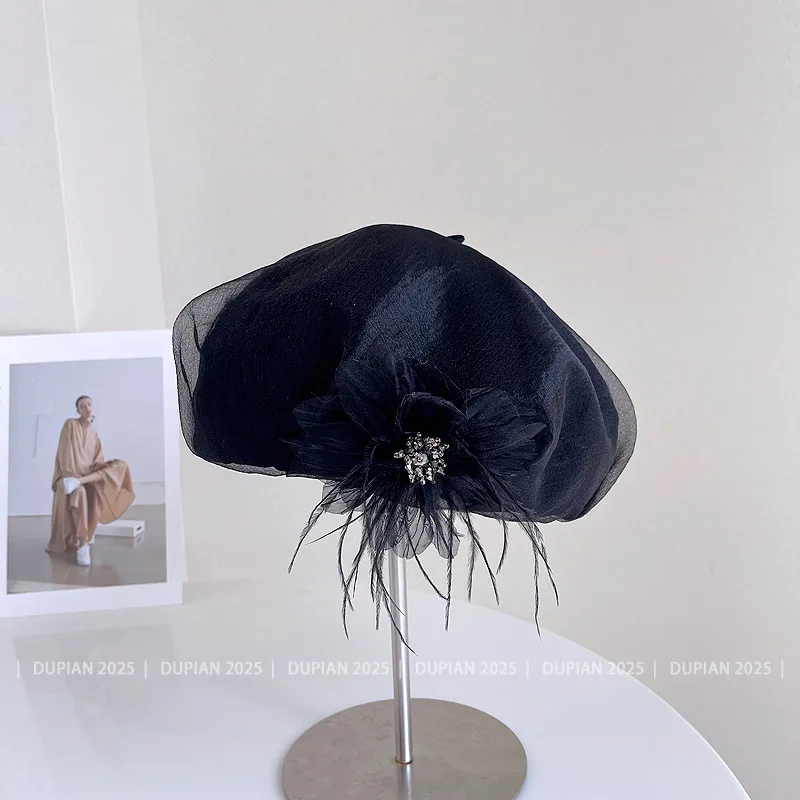 

French Retro Mesh Beret Women's 2025 New Autumn and Winter High-end Temperament Socialite Painter Hat Top Hat