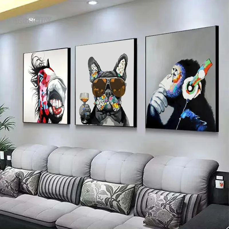 Abstract Grappig Franse Bulldog Aap Varken Paardendieren Kunst Canvas Schilderij Posters Afdrukken Nordic Pets Muur Art Foto Home Decor