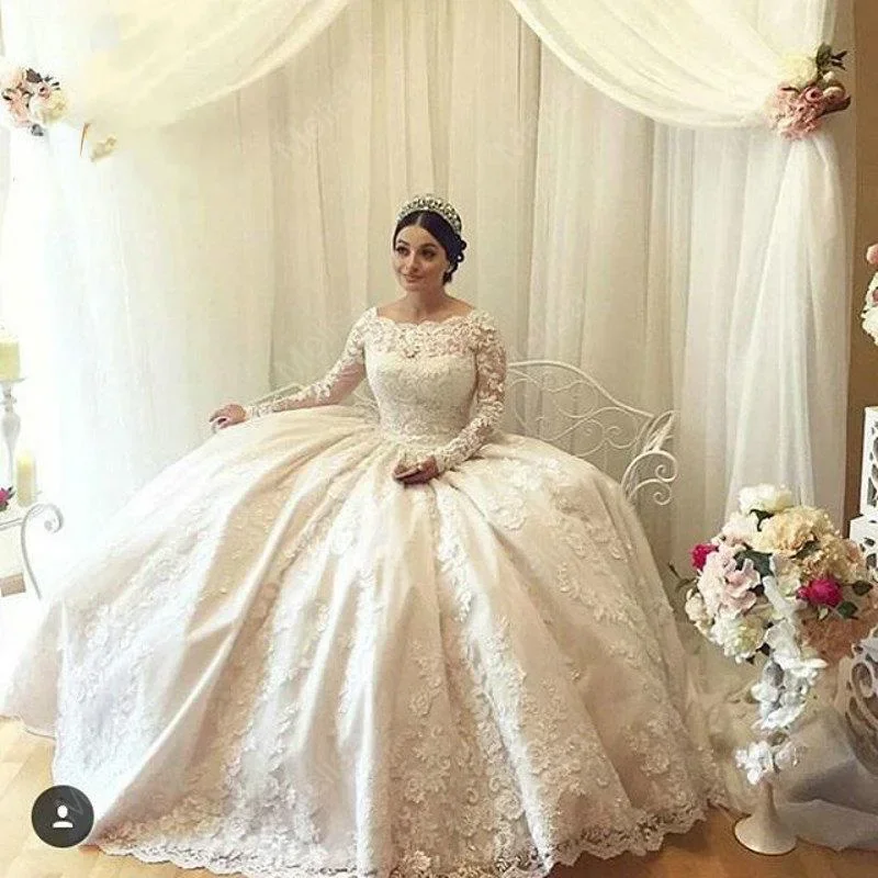 Customized Plus Size Ballgown Wedding Dresses Court Long Sleeves Beaded Lace Appliques Vestido De Casamento Bridal Gowns