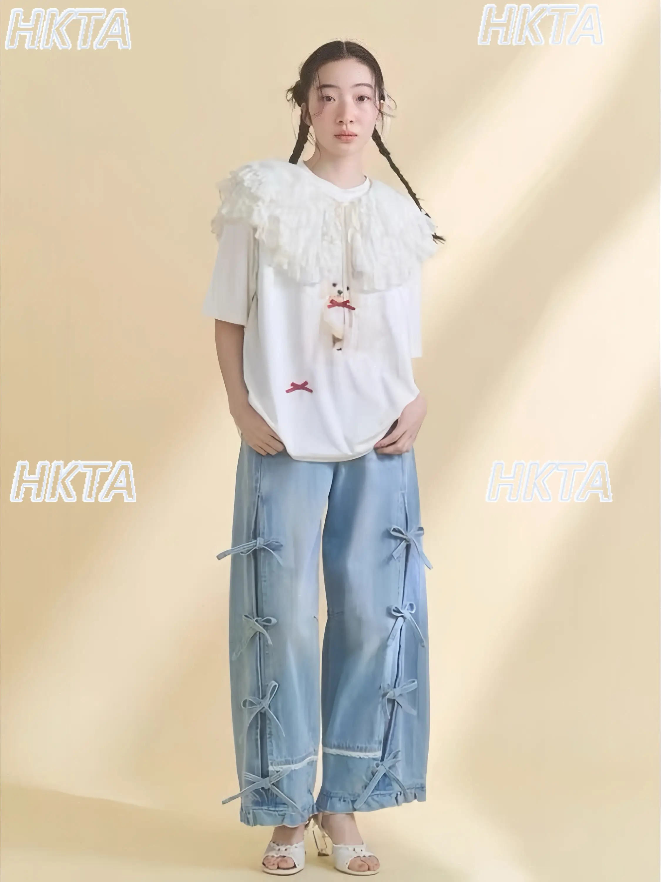 Japanese Style Bow Ribbon Short Sleeve T-shirt Women 2026 New Summer Puppy Print Sweet Versatile Loose White Tshirt Top Ladies