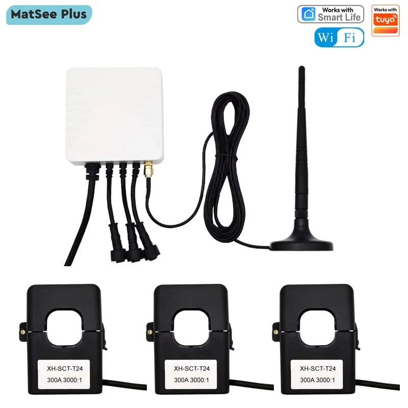 Smart 3 Phase WiFi Digital Electricity Energy Meter with Clamp Current Transformer App Monitor Power 120A 80A Work with Tuya