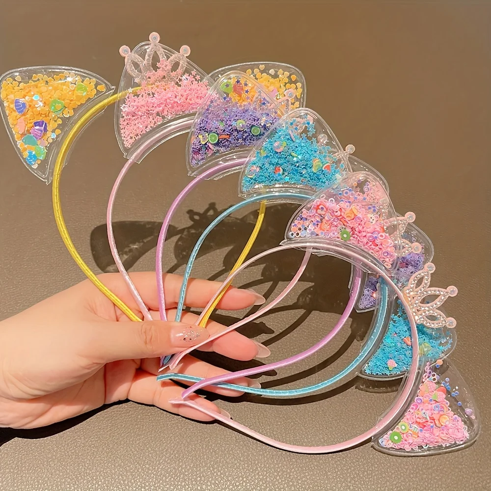 k-style of cute transparent cat ears headband quicksand crown headband kidsren\'s baby princess hair accessories