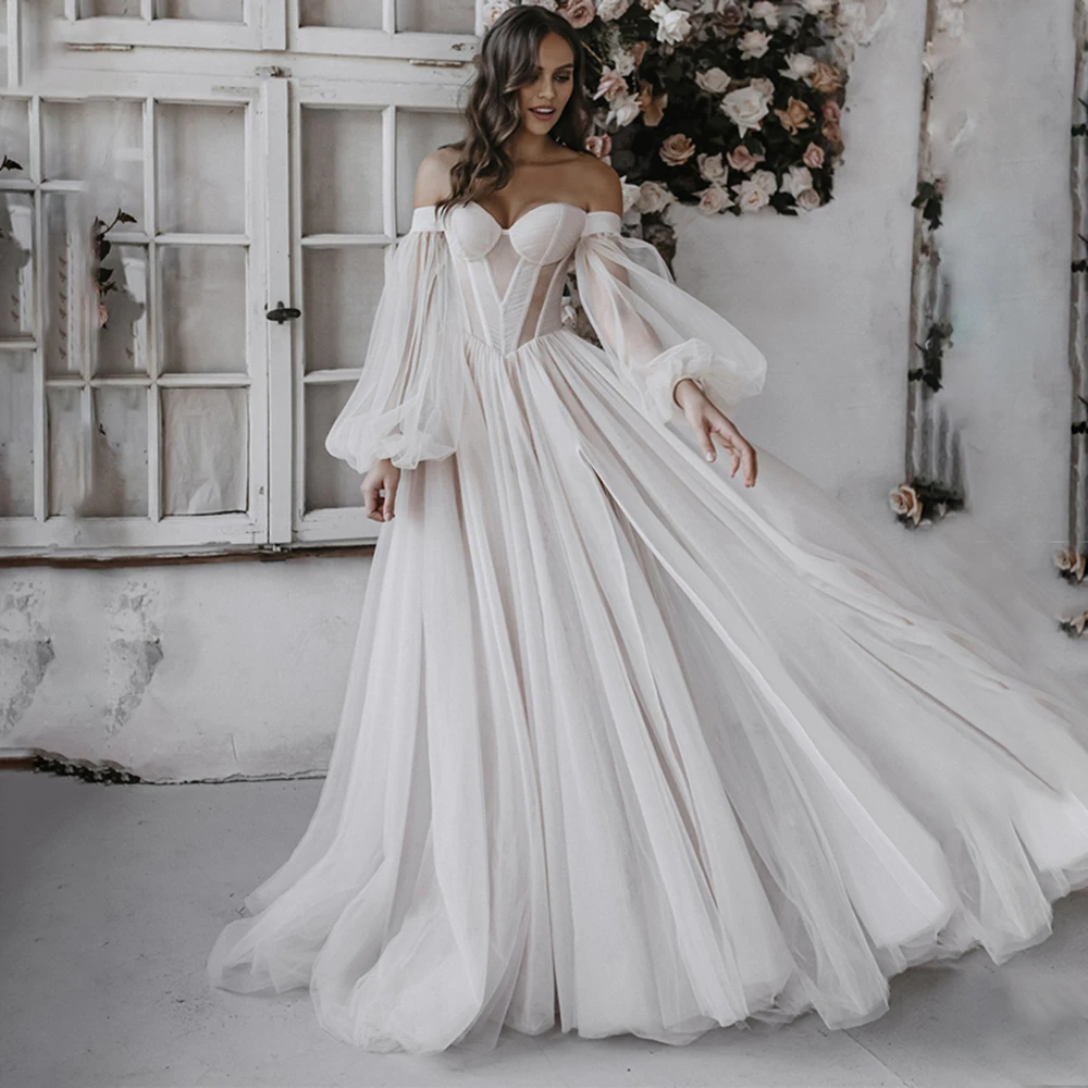 Boêmio uma linha vestido de casamento puff sleeve querida fora do ombro vestido de noiva para mulher robe de soirée de mariage split fenda