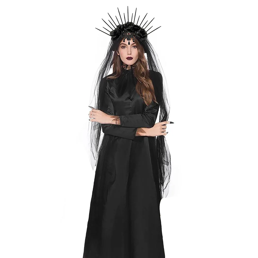 Halloween Veil Headband Gothic Crown Mesh Black Rose Retro Crown for Woman