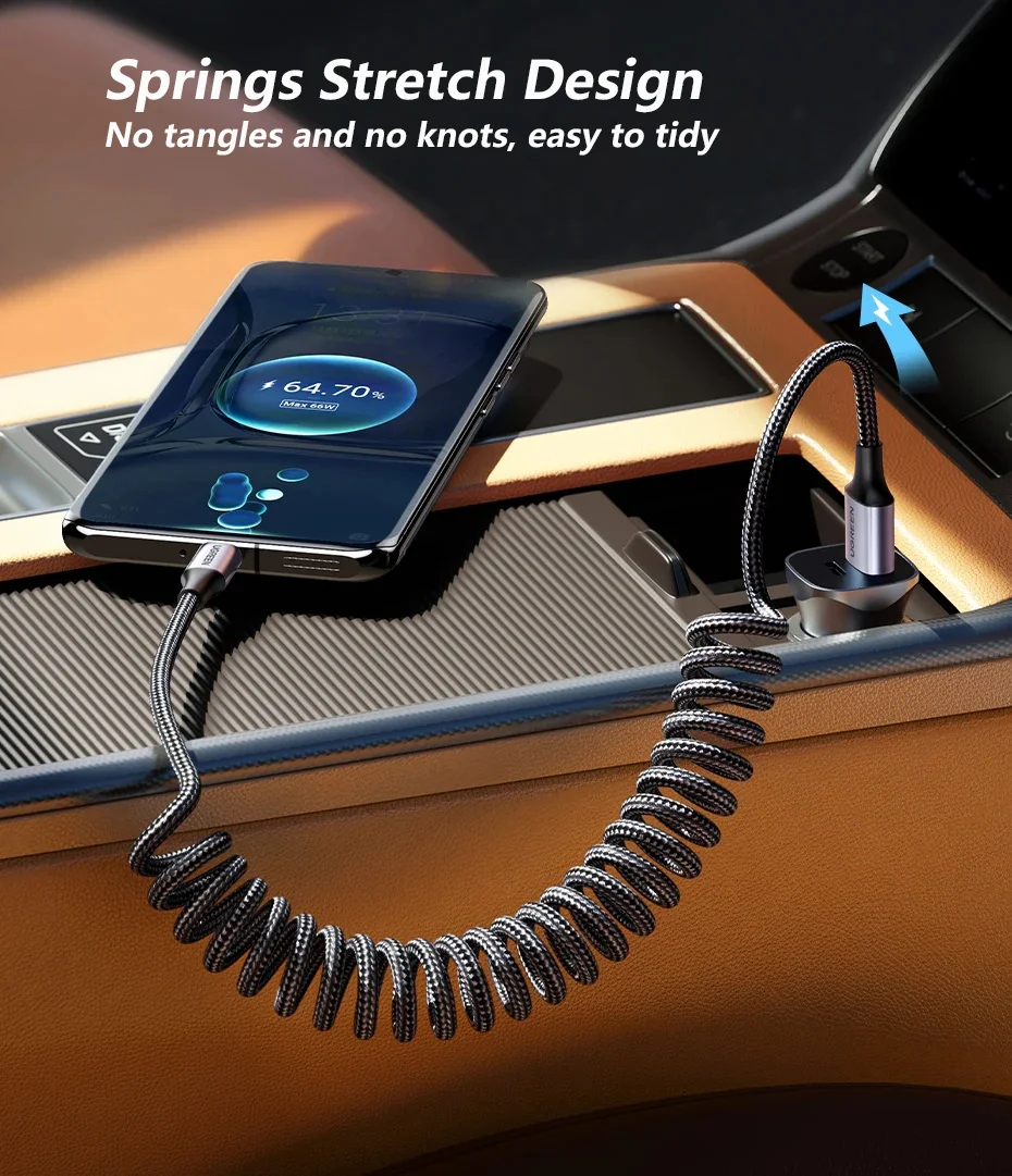 UGREEN Type C Cable Springs Stretch Design USB a to USB C Cable 6A Fast Charging for Huawei Honor Xiaomi