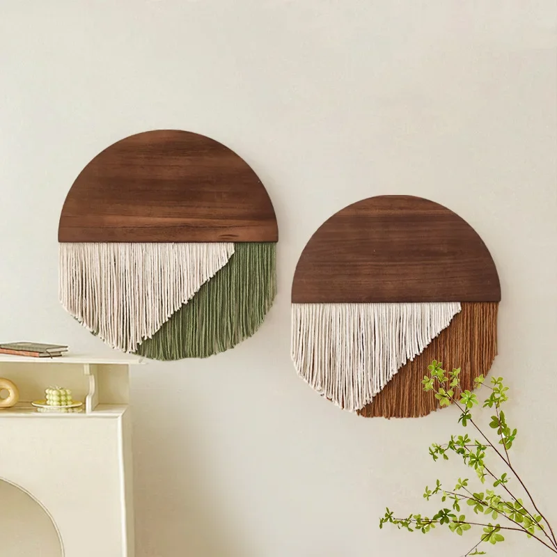 Bohemian Semi-Circular Handwoven Cotton Tassel Wall Hanging Decor for Motel/Homestay Boho Wooden Board Home Decor