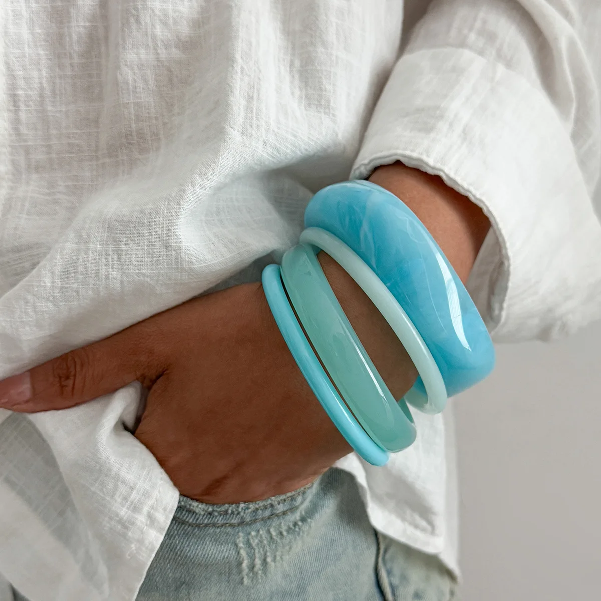 KMVEXO 4Pcs/Set Blue Marble Texture Resin Bracelet Set Stackable Irregular Design Lightweight Bangle Eco-Friendly Y2K Jewelry