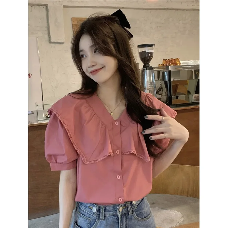 

Chic White Bubble Sleeve Shirt Vintage Design Doll Collar Short Sleeve Women's Fashionable Top Korean Style Loose Fit Shirt