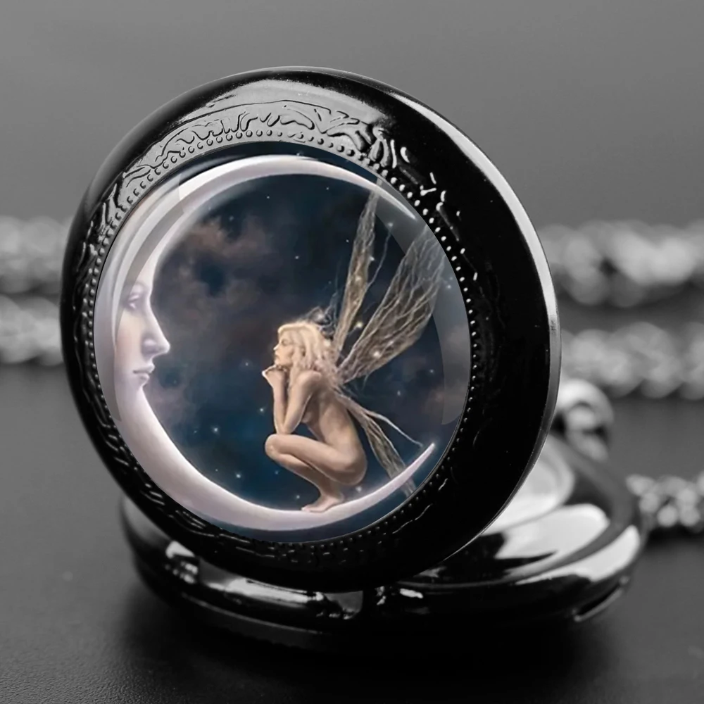 Classic Moon Girl Design Glass Dome Vintage Quartz Pocket Watch Men Women Pendant Necklace Chain Clock Watch Jewelry Gifts