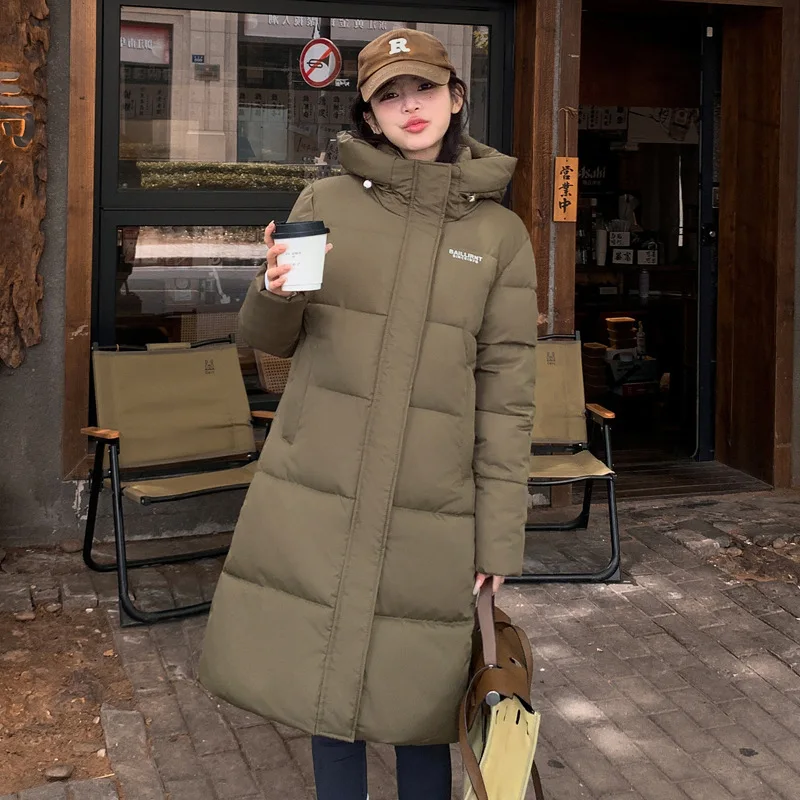 Winter Padded Jacket For Women Simple Mid-Length Down Cotton Solid Color Thickening Warm Loose-Fitting Outerwear