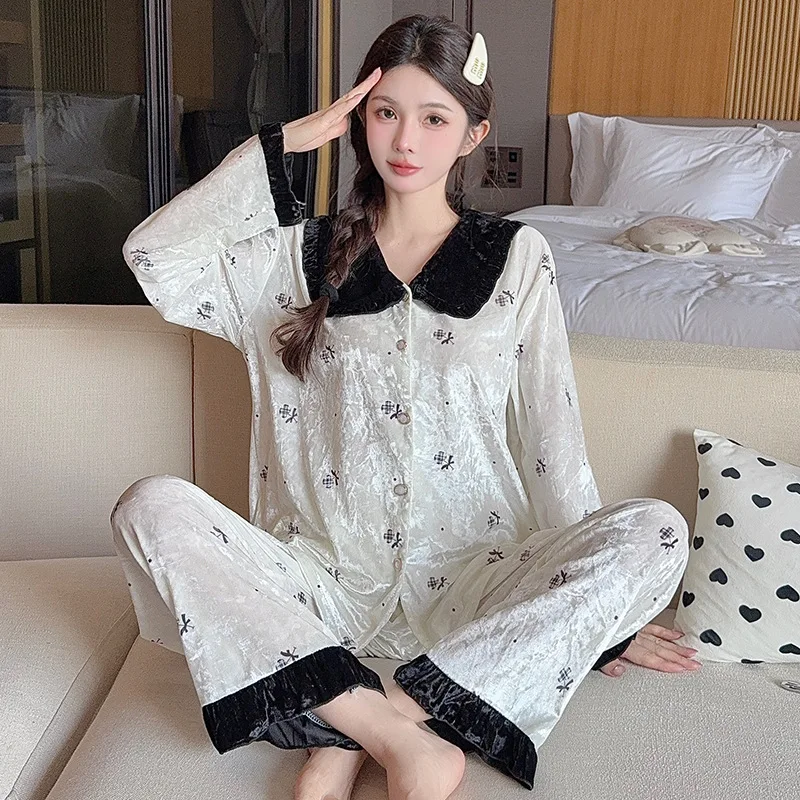 2025 جديد طالب دمية الرقبة منامة المرأة الحلو لطيف نمط غير رسمي طويلة الأكمام ملابس المنزل مجموعة موضة الراحة ملابس أنيقة