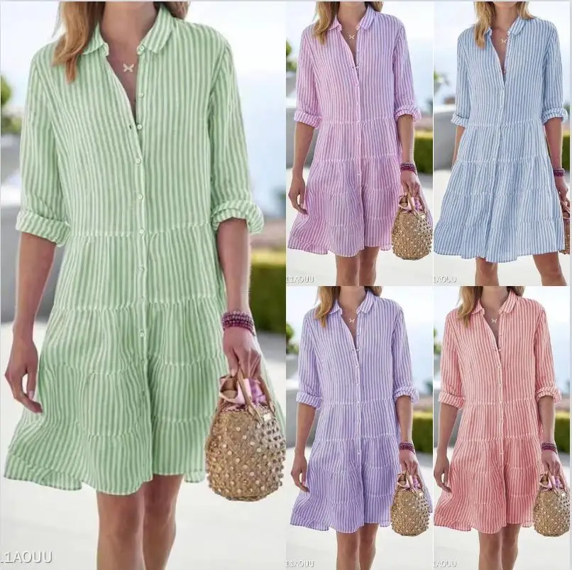 Women Strip Button Casual Ruffles Spring Autumn Boho Fall Long Sleeve Striped Blouse Dress