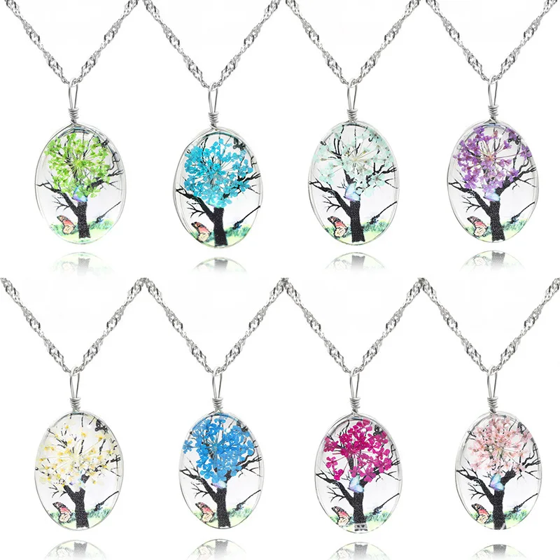 Vintage style double-sided glass crystal plant life tree trunk flower butterfly pendant lady immortal flower necklace