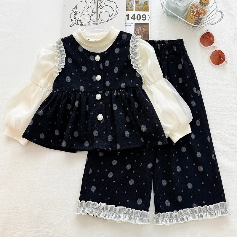 Girls' polka dot ruffled vest set, autumn bubble-sleeve undershirt, mesh lace wide-leg pants, three-piece trendy outfit