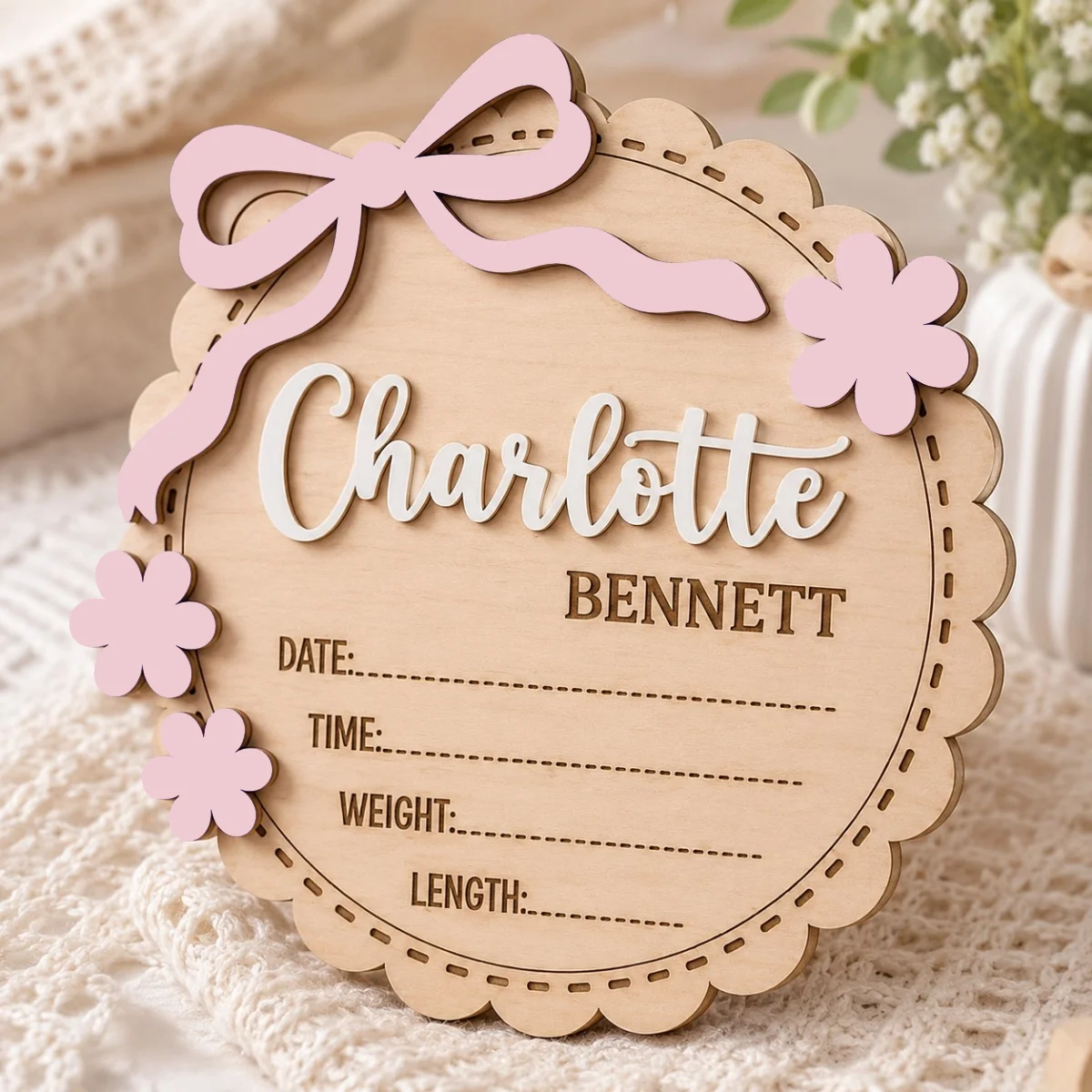 1Pc Custom Bow Floral Baby Birth Announcement Wooden Name Plaque,Photo Prop, Boho Nursery Keepsake, Baby Shower Gift For Girl