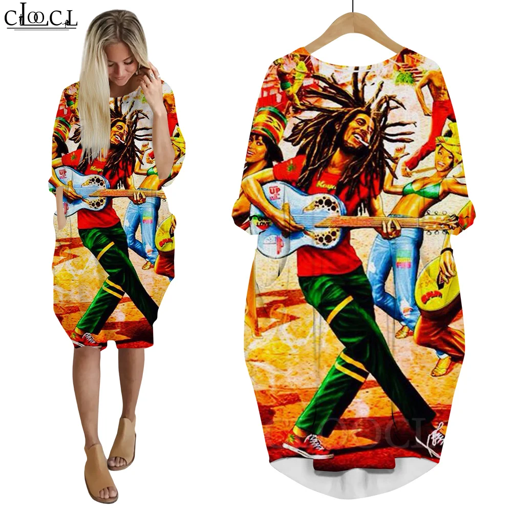 CLOOCL New Fashion Dress Bob Marley Famous Singer 3D Printed Long Sleeves Pocket Dresses Oversized Dress for Women