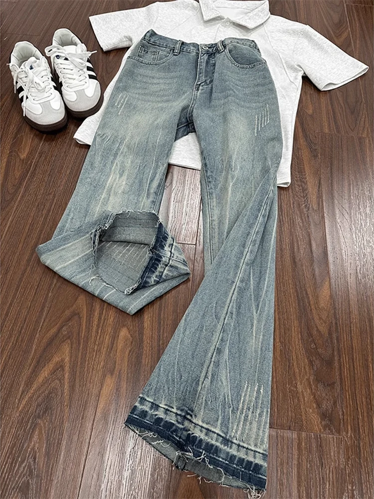 

Cleanfit Men's Loose Straight Leg Jeans Waed out Frayed Hem American Retro Vibe Casual Wear Summer Season High Waist Jeans