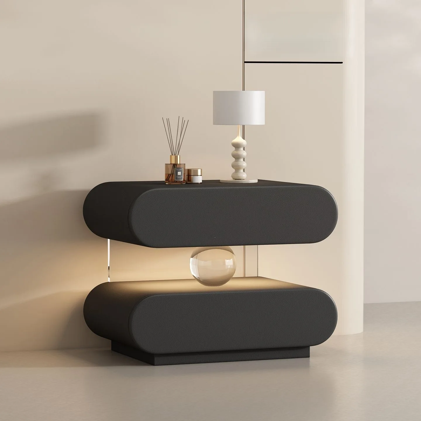 Light luxury smart cream wind installation-free sensor lamp bedside table side cabinet crystal ball bedroom storage cabinet