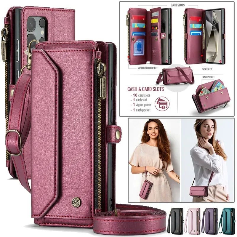 

CaseMe Flip Leather Phone Case for Samsung Galaxy S24 Ultra S25 S23 FE S22 S21 S20 S10 Plus A16 Lanyard Zipper Wallet Card Cover