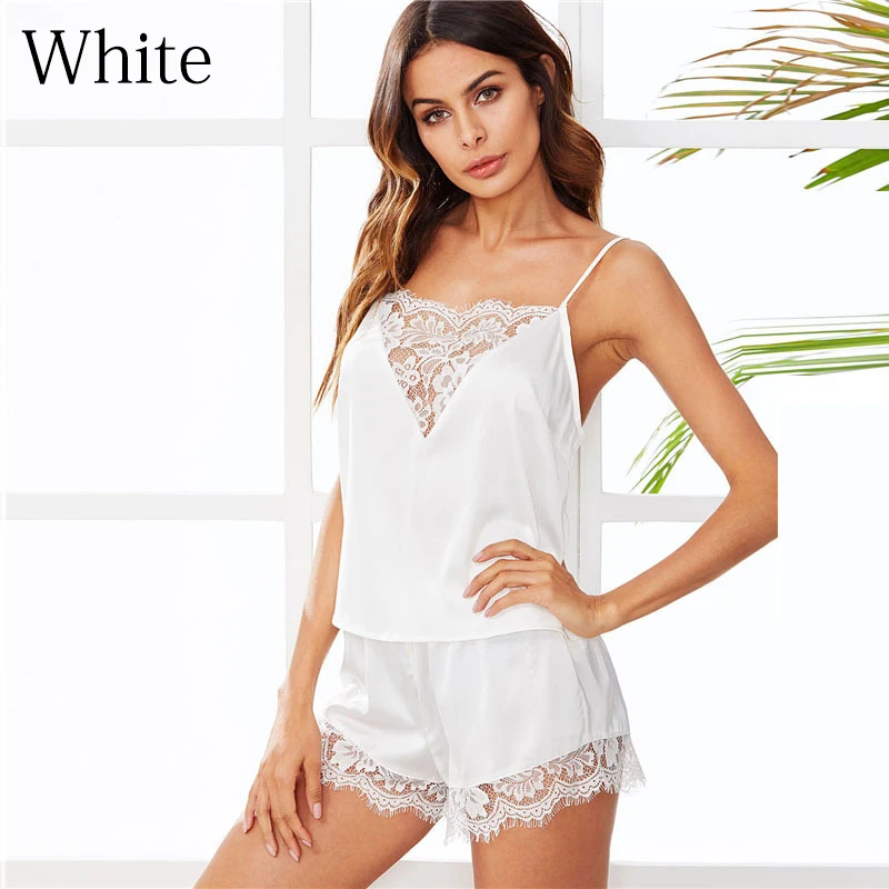 Two Piece Sexy Sleepwear Set Women's Sexy Lace Patch Satin Silk Italian Noodle Strap Top Hot Pants Sleepwear