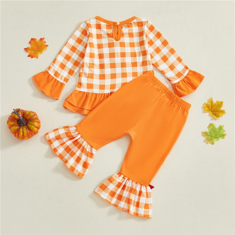 Set di vestiti per il Ringraziamento delle ragazze del bambino Manica lunga O Collo Ricamo Turchia Top Pantaloni svasati Set Abbigliamento per bambini