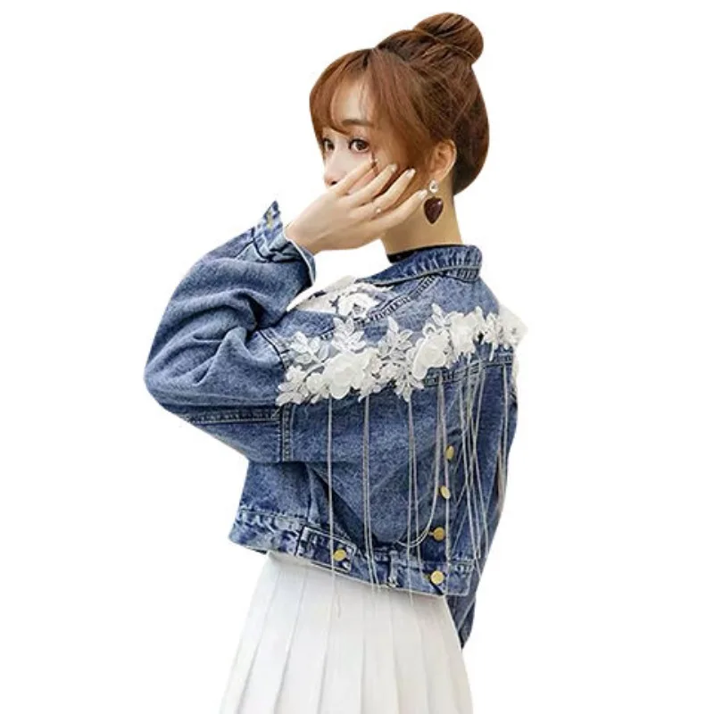

Джинсовая короткая куртка, женское весенне-осеннее пальто, новое трехмерное цветочное вышивка, цепочка с кисточками, свободный рукав «летучая мышь»