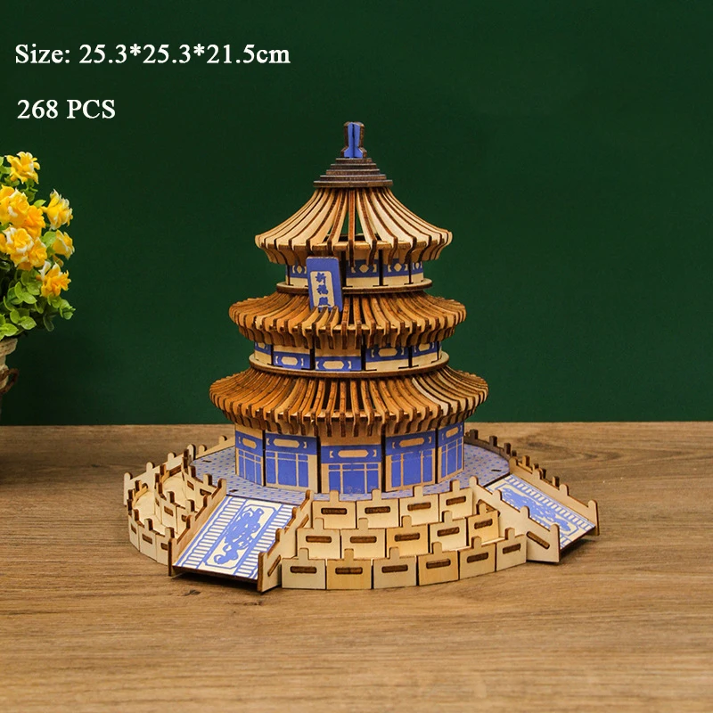 3D Wooden Puzzle Eiffel Tower Beijing Temple Yueyang Tower Model Building Kits Jigsaw Puzzles Educational Toys for Kids Gifts