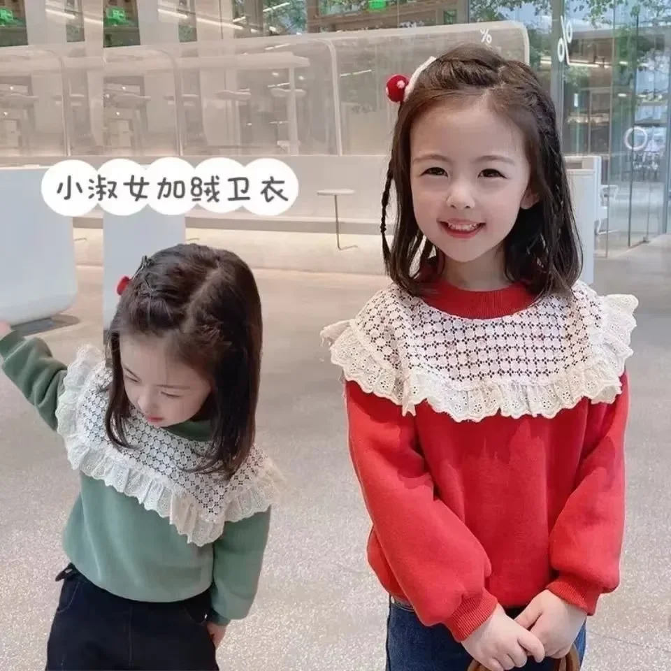 2026New Fashion Girls Autumn Winter Sweatshirt Toddler Korean Style Lace Patchwork Round Neck Thick Base Layer Top Kids Clothing