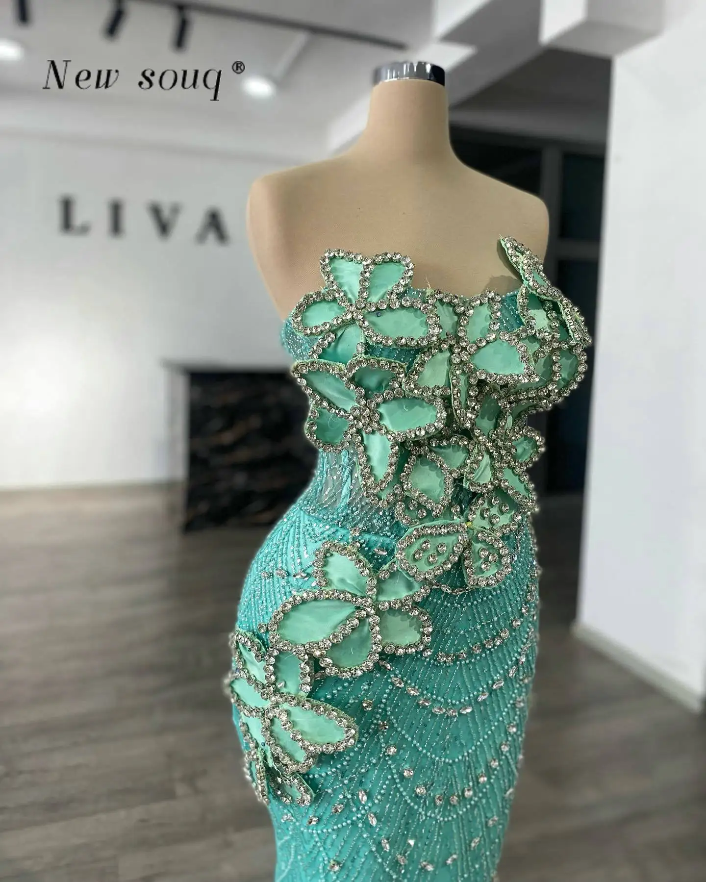 Mint Green Crystals 3D Leaf Design Mermaid Evening Dresses One Shoulder Strap Glitter Sequin Beaded Long Formal Party Gowns